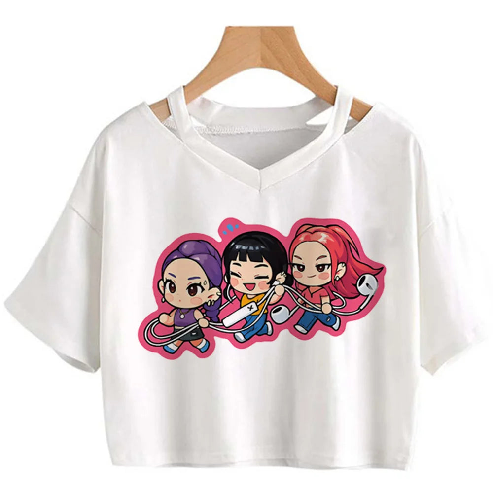 Kpop Demon Hunters Girls O-Neck Casual Women Summer Shirts Crop T-shirt