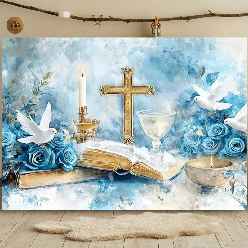 First Holy Communion Backdrop Flower Gold Cross Decor Boy Girl Baby Shower My Baptism Birthday Party Photography Background Prop