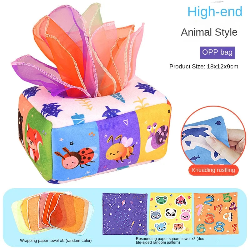 Baby Montessori Magic Tissue Box by I YAN, sensory learning toy for fine motor skills, featuring colorful tissues in a child-friendly box.
