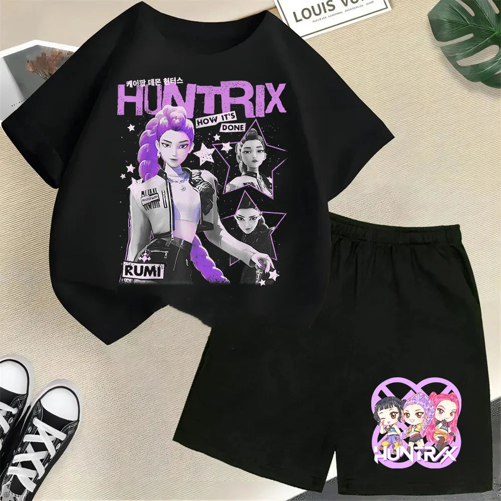 KPop Demon Hunters Saja Boys Kids T-Shirt – Cartoon Print Round Neck Casual Top (2pcs Set) - I YAN
