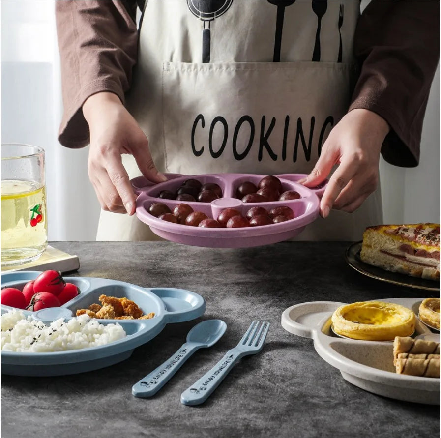 3Pcs Wheat straw children compartment dinner plate kindergarten students bear tableware set children tableware lunch box