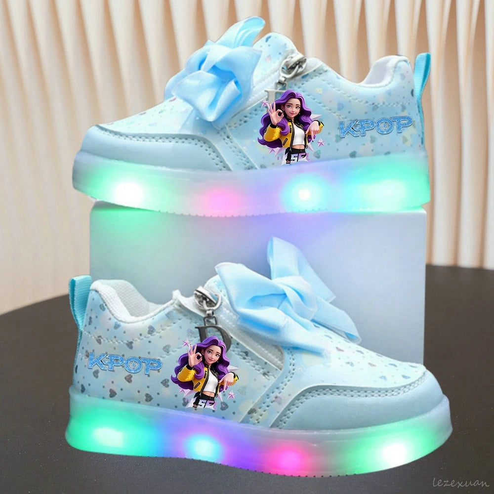 LED Casual Sneakers For Spring Girls KPop Demon Hunters Printed Mesh Breathable Shoes Children Lighted Non-slip Pink Purple