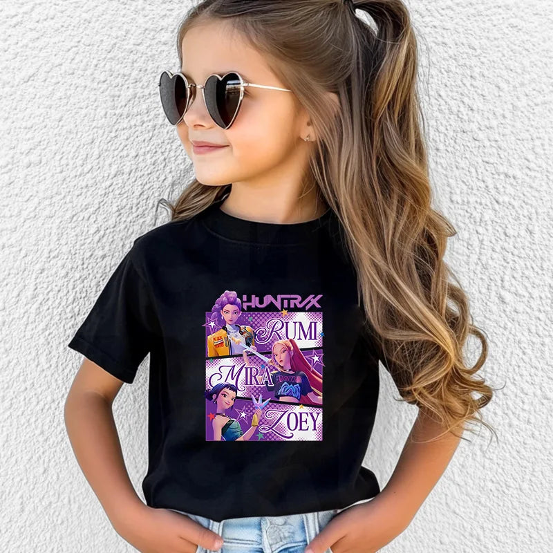Kawaii K-POP Demon Hunters Kids T-shirt Girl Boy Clothes Children Clothing Fashion Tops Cotton Sweet Gift Short Sleeve Costumes