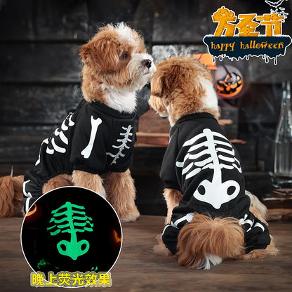 Spooky glow Halloween dog skeleton costume jumpsuit by I YAN, featuring a detailed black and white bone design for pets.