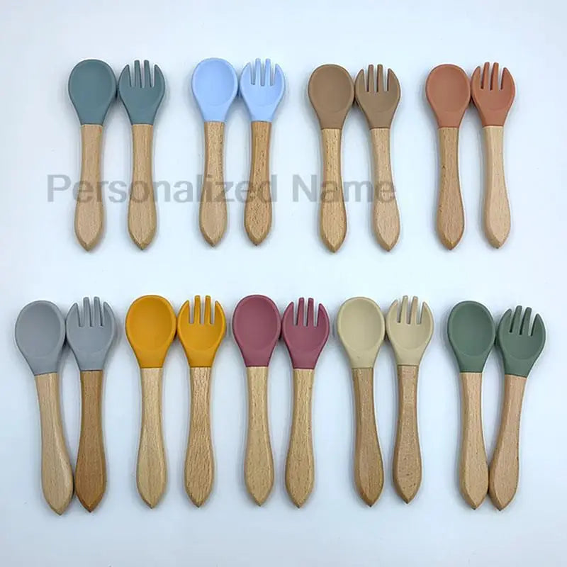 Baby Silicone Spoon & Fork Set – Soft BPA-Free Feeding Utensils with Wooden Handle - I YAN