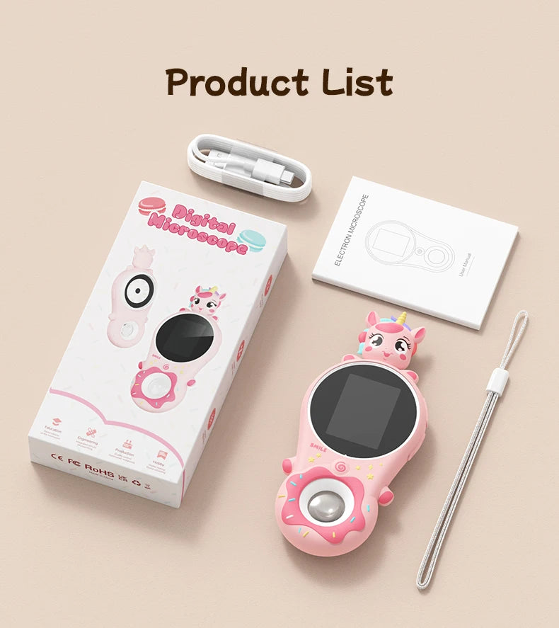 Mini Kids Optical Microscope 500x Magnification 200MP Camera Lens with Photo And Video Function Silicone Cover  Children's Gift