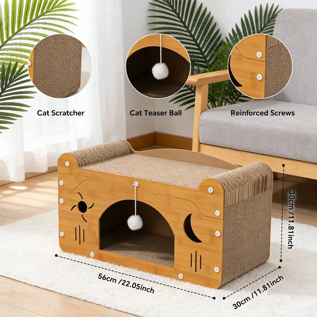 I YAN 2-in-1 double layer cat scratcher lounge with cardboard hideaway and hanging pom pom toys for feline entertainment