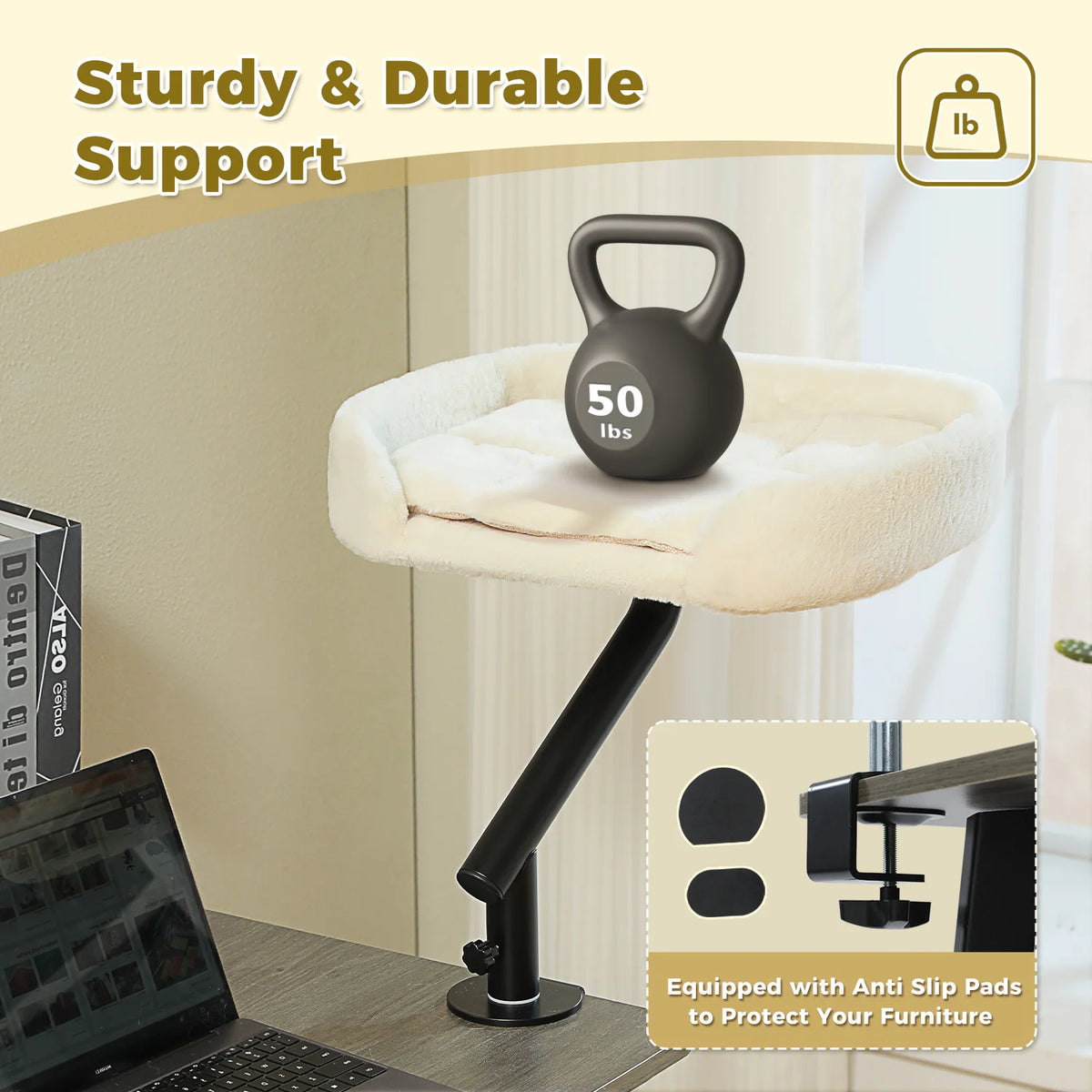 Soft I YAN cat desk bed with 360° rotatable stand, adjustable hammock, and cozy seating for indoor cats on a table.