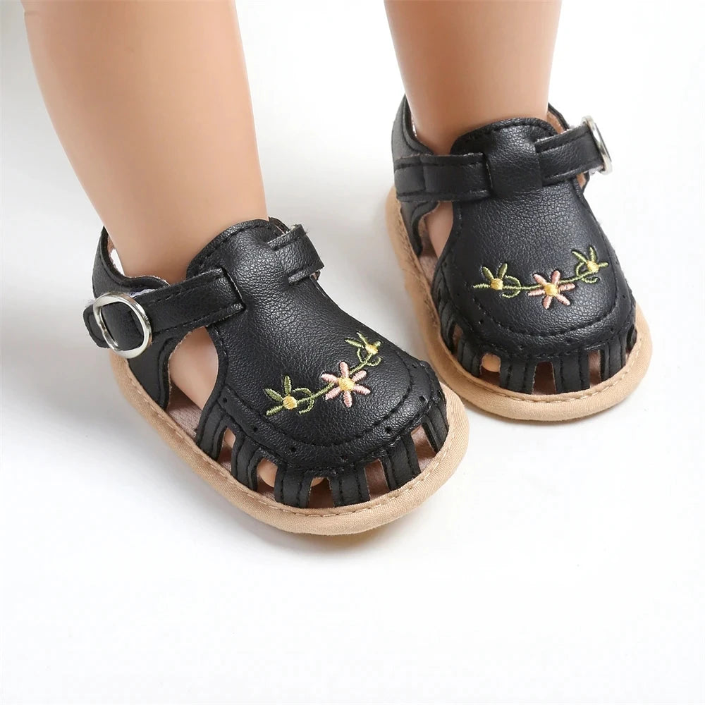 Newborn Baby Girl Sandals Summer Embroidered Leisure Comfortable Lightweight Floral Soft Sole Wrap Toe Sandals For 0-18M