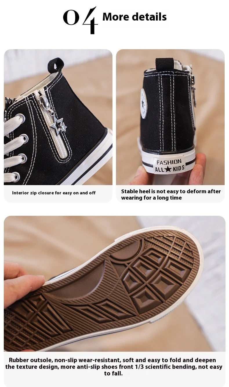 Children's High-Top Canvas Shoes Soft Bottom Comfortable Non-slip Casual Shoes Summer Simple Solid Color Lace-Up Canvas Shoes