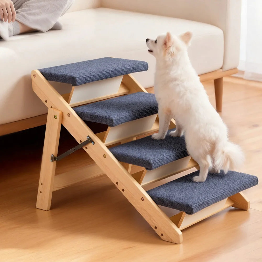 Ye Wood 4-step pet stairs for dogs, foldable and stable, supports up to 150lbs for beds, sofas, and cars, suitable for all sizes.