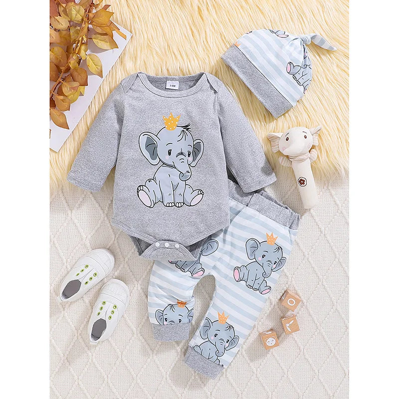 Baby Elephant Print Outfit Set 3-Piece – Romper, Pants & Hat - I YAN
