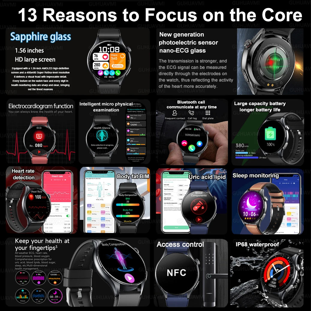 New ECG+PPG Health Diagnosis Smartwatches Men Women Clock Uric Acid Lipid BP Heart rate Tracker NFC Sports Smart Watch IOS