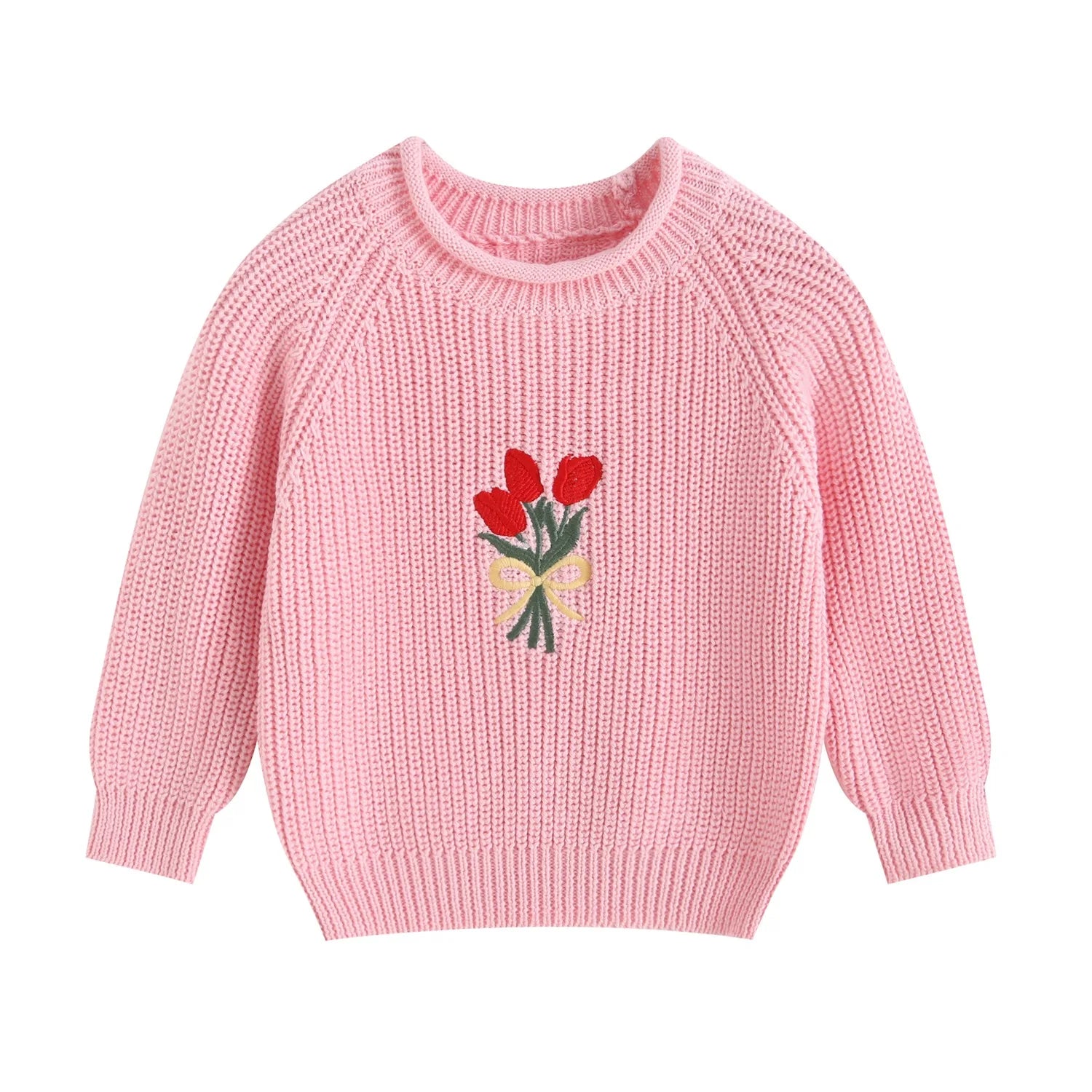 Girl Cotton Knit Pullover Embroidered Tulip Flower Sweater 2026 Spring Autumn 0-5Y Children Long Sleeve Clothing