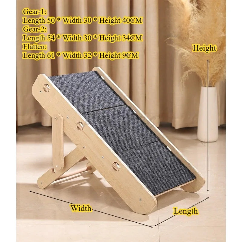 Adjustable and foldable I YAN dog staircase pet climbing ladder with two-in-one design for cats and dogs, shown in a home setting.