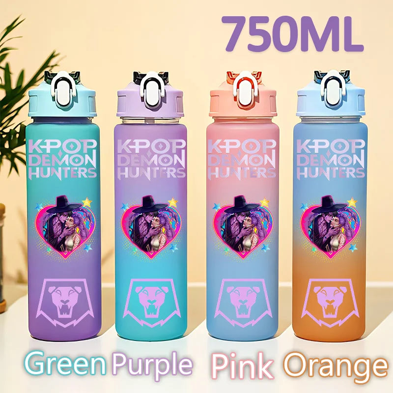 kpop 750ML Demon Hunters Bottle Gourde Gradient Color Water Cup Plastic Drinking Cup gradient straw cup gift