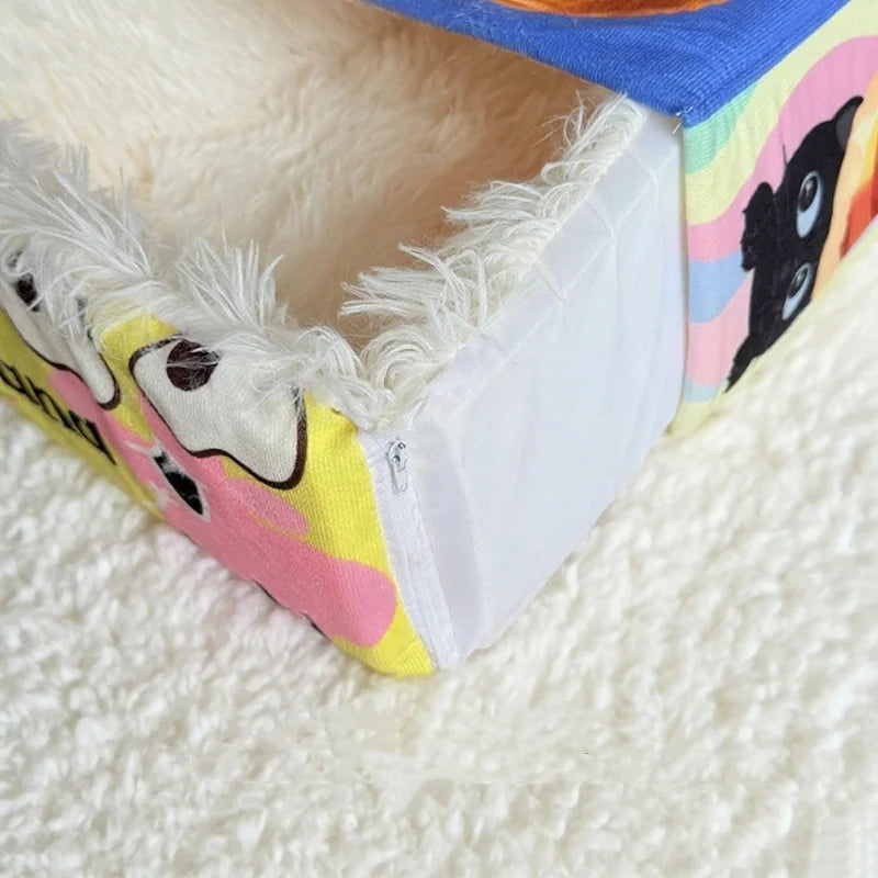 I YAN BOOTEELY cartoon hamburger black cat plush snack box bed, cozy pet nest with cute design for comfortable cat rest.