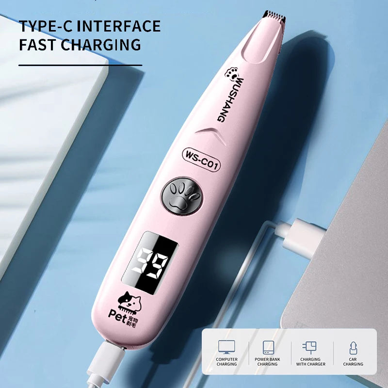 I YAN pet grooming trimmer with LED light, waterproof hair clipper for dogs and cats, low noise design and ergonomic grip.
