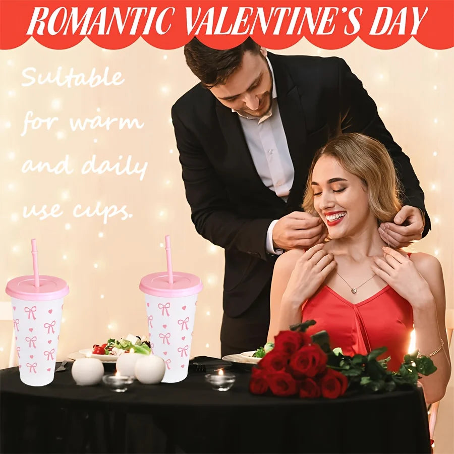 2/20pcs  Reusable Party Cups with Straw & Lid Cute Bow Plastic Tumblers for Cold Drinks Home Office Outdoor Use