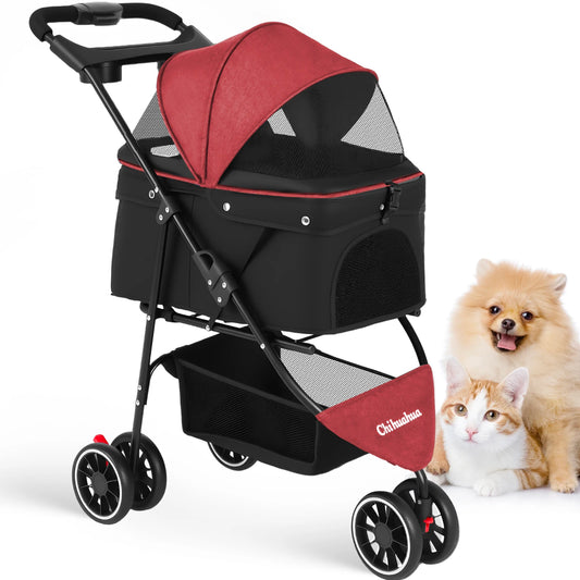 Foldable pet stroller for small and medium cats and dogs with breathable mesh canopy, three wheels, suitable for outdoor travel.