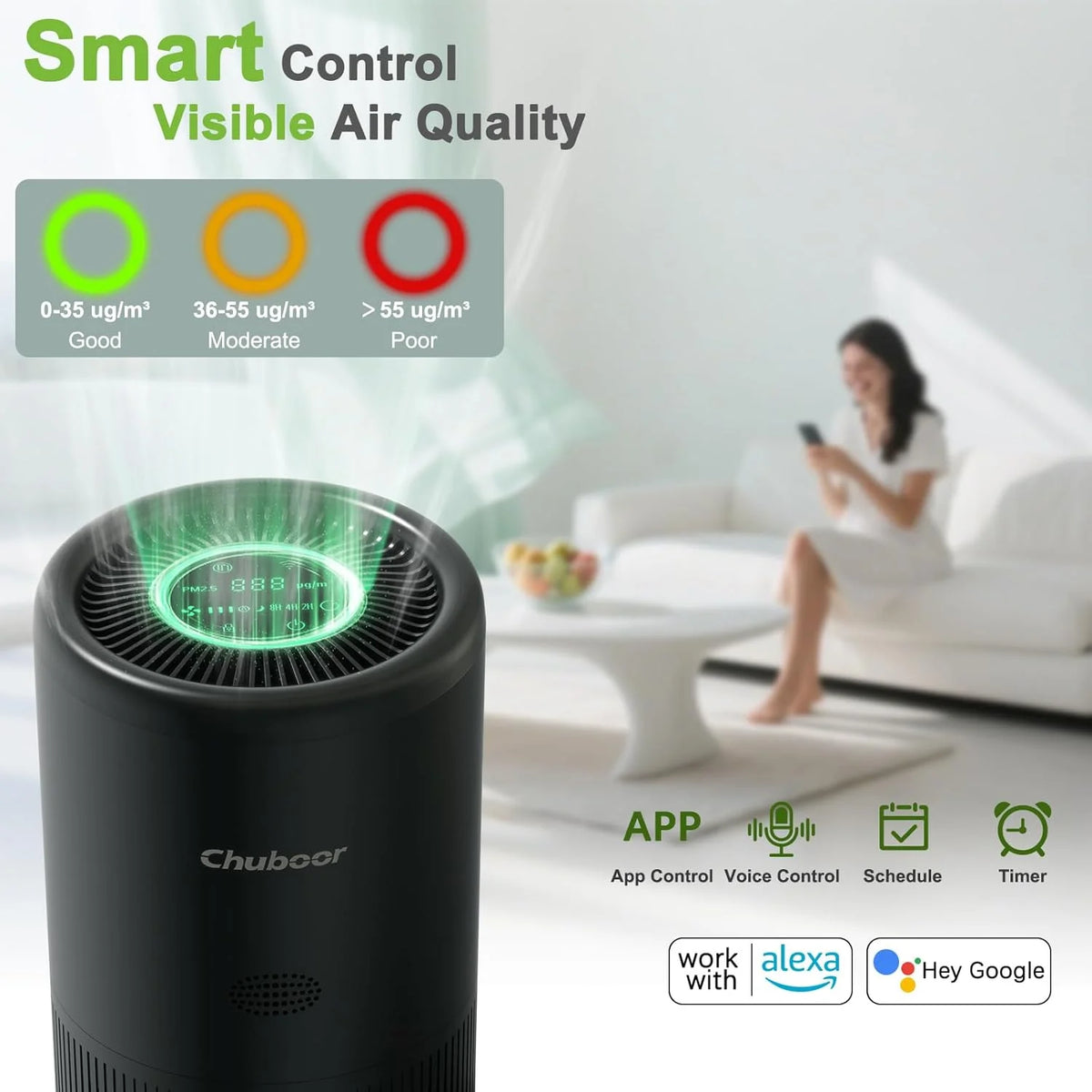 I YAN Chuboor smart air purifier for bedroom and living room with HEPA filter, app and Alexa control, PM2.5 monitor, ideal for pets