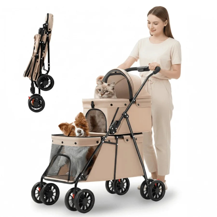 3-in-1Double Pet Stroller, Foldable Portable Pet Travel Strolling Cart for Medium Small Dogs Cats, up to 50lbs Dark Green