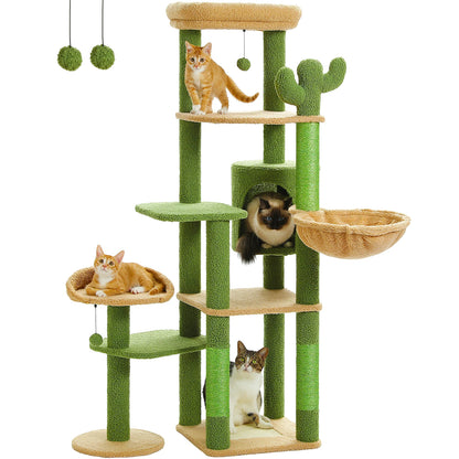 Large multi-level I YAN cat tree with scratching post, hammock, perches, and hanging balls for indoor cats.