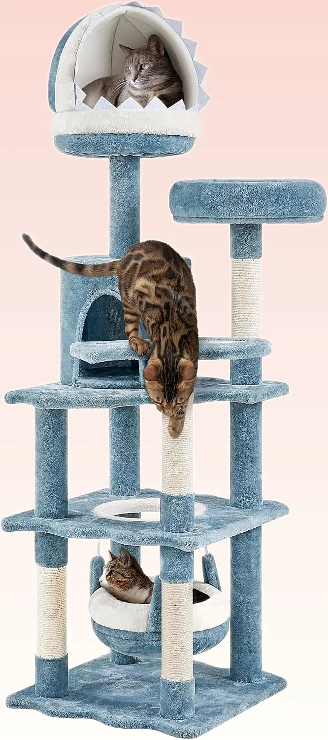 61in Ocean Cat Tree Tower with Shark Mouth Nest, Fish Platform, Sisal Posts, Plush Bed