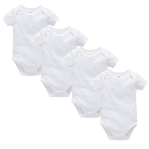 Kavkas I YAN baby boys girls cotton short sleeve bodysuits in solid white, newborn jumpsuits for ages 0-24 months, soft and comfortable.