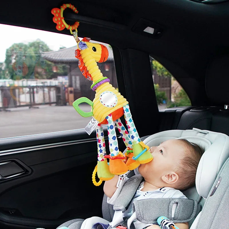 Soft plush giraffe and zebra handbells with rattles, teether, and handle for infants, ideal for newborn baby development and gifts.