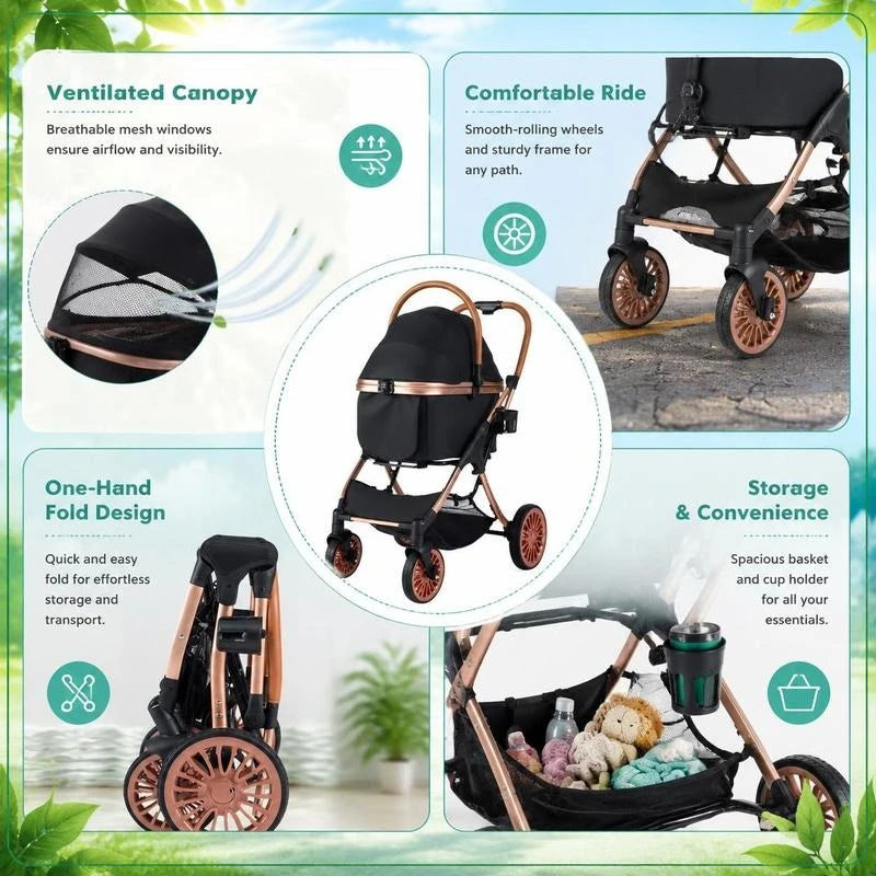 Black 3-in-1 foldable pet stroller with canopy and safety belt for small to medium dogs and cats, portable travel gear by I YAN.