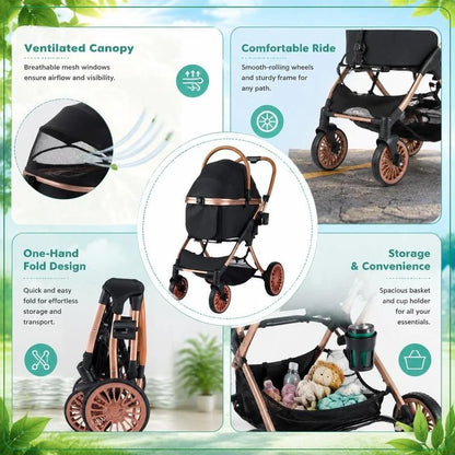 Black 3-in-1 foldable pet stroller with canopy and safety belt for small to medium dogs and cats, portable travel gear by I YAN.