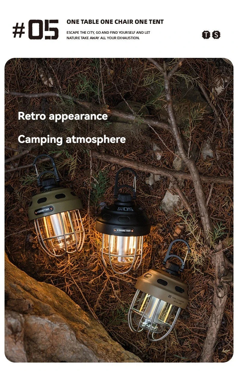 Outdoor vintage pendant light by I YAN, portable rechargeable camping lantern with long-lasting ambient lighting for tents and outdoor use.