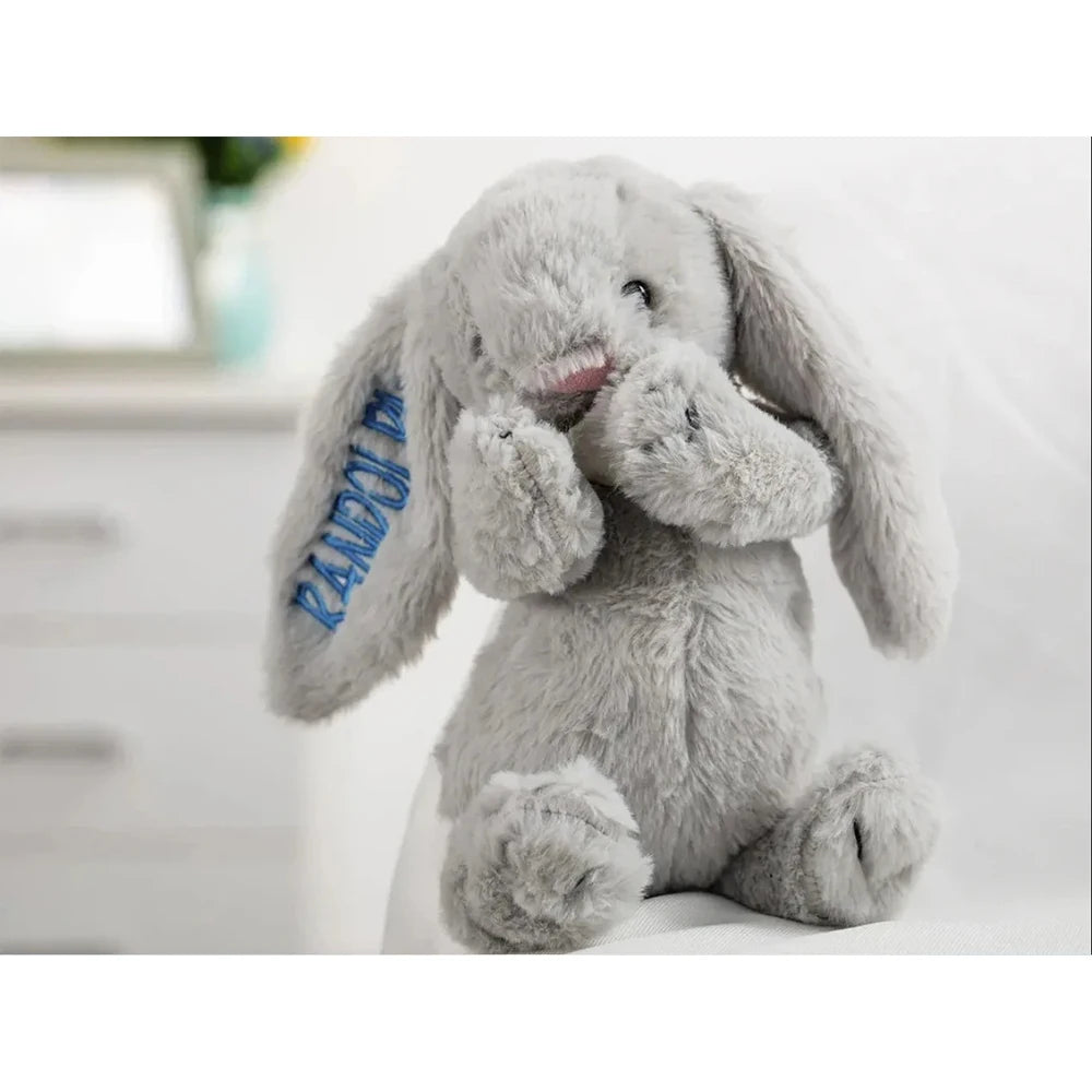Personalized I YAN Shy Bunny plush toy with embroidered name, 40cm soft rabbit doll for gift or collectible.