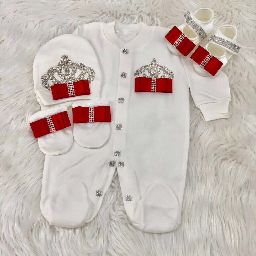 Luxury Newborn Baby Romper Set 4-Piece – Crystal Crown Layette for Photography & Coming Home - I YAN