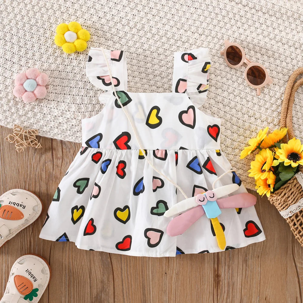 Colorful baby girl summer dress by I YAN for ages 0-3, with a cute dragonfly crossbody bag and playful design.