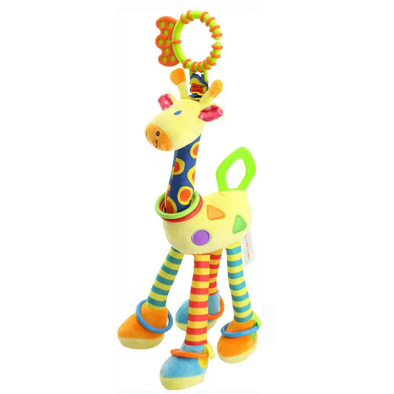 Soft plush giraffe zebra handbells and rattles for infants, with teether, ideal as baby developmental toys and newborn gifts.