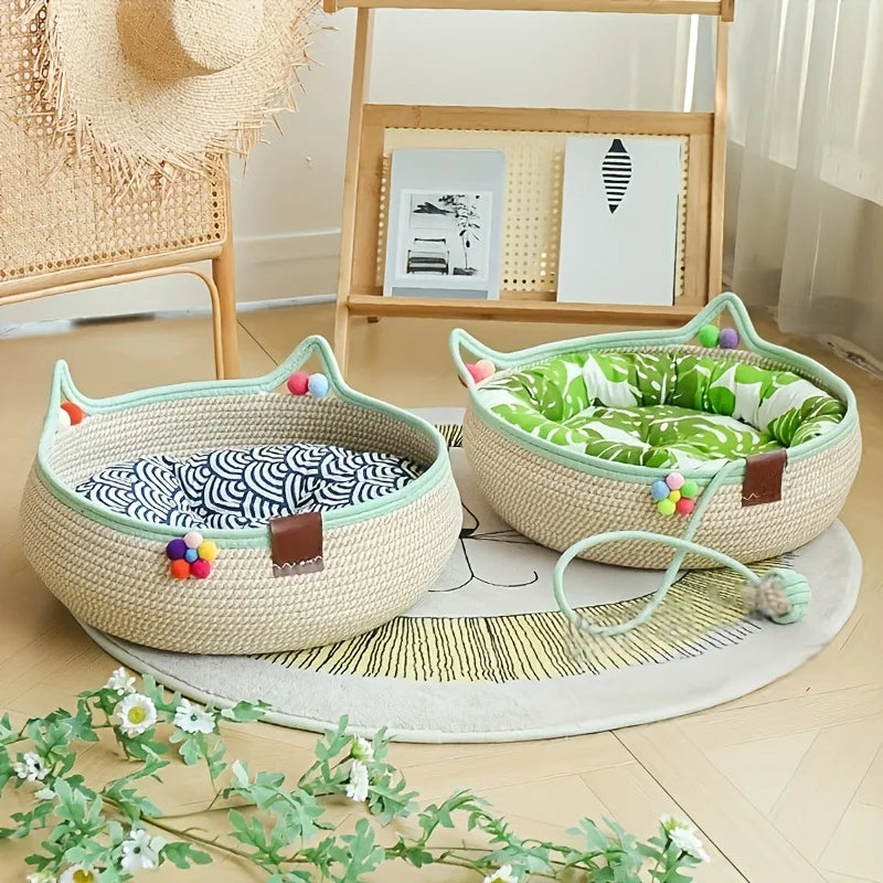 Round hand-woven rattan cat bed by I YAN with cotton rope, perfect for summer cooling and scratching for kittens and cats.