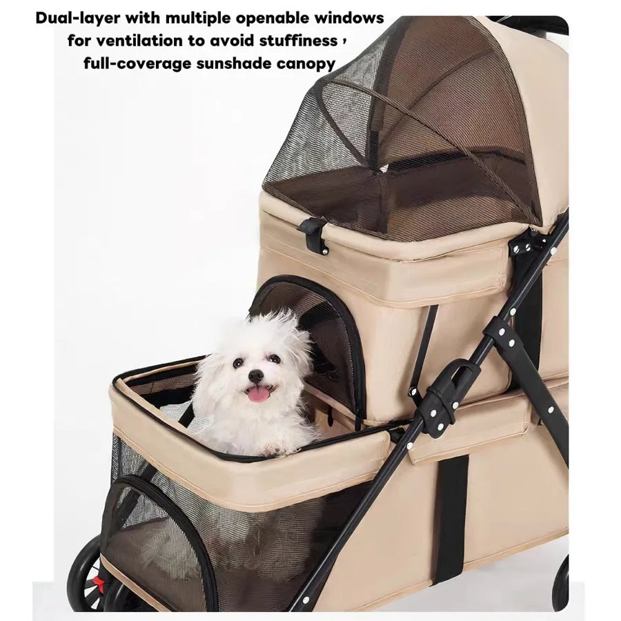 I YAN double pet stroller for small cats and dogs, foldable travel stroller with lockable wheels and two carriages for easy strolling.