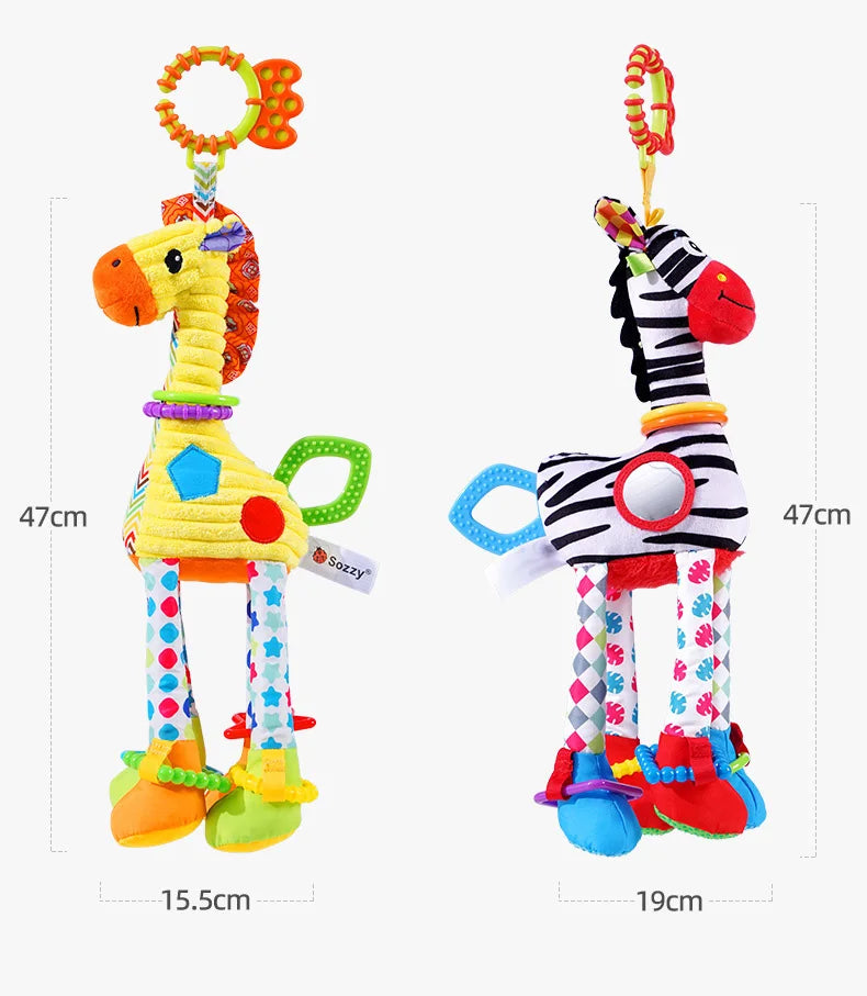 Soft plush giraffe and zebra handbells with rattles, teether, and handle for infant baby development and newborn gift.