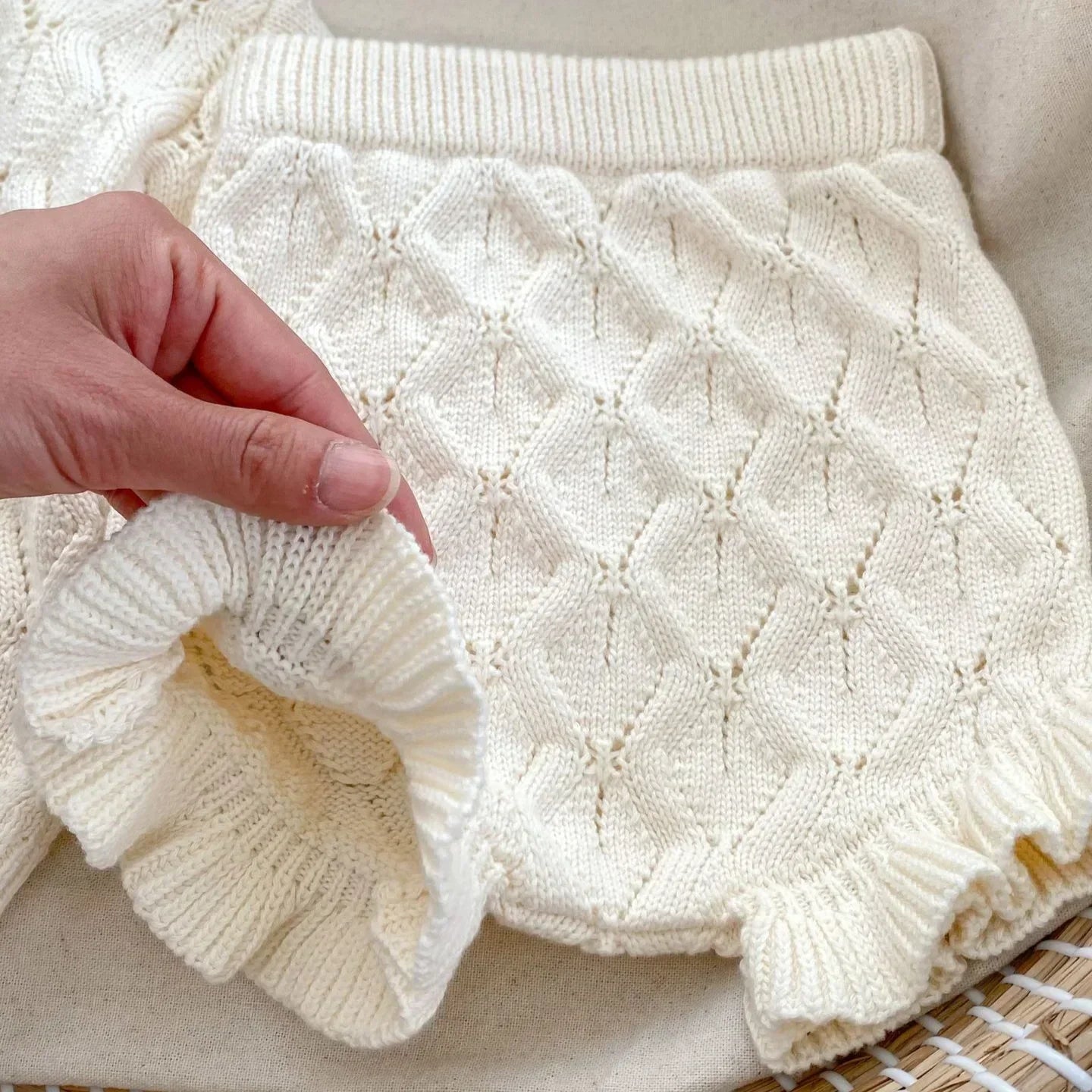 Baby Girl Knit Cardigan & Shorts Set – Hollow-Out Sweater 2-Piece Outfit - I YAN