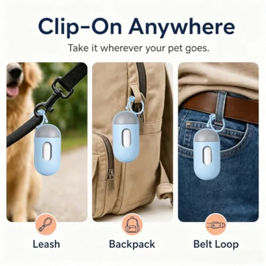 I YAN dog waste bag dispenser and holder for outdoor walks, portable pet poop bag box in black with a clip attachment