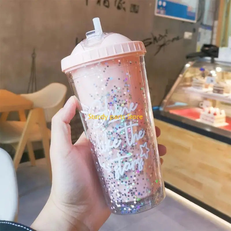97QC 550ml Rainbow Plastic Water Bottle Double Layer Sequins Drinking Cup with Straw