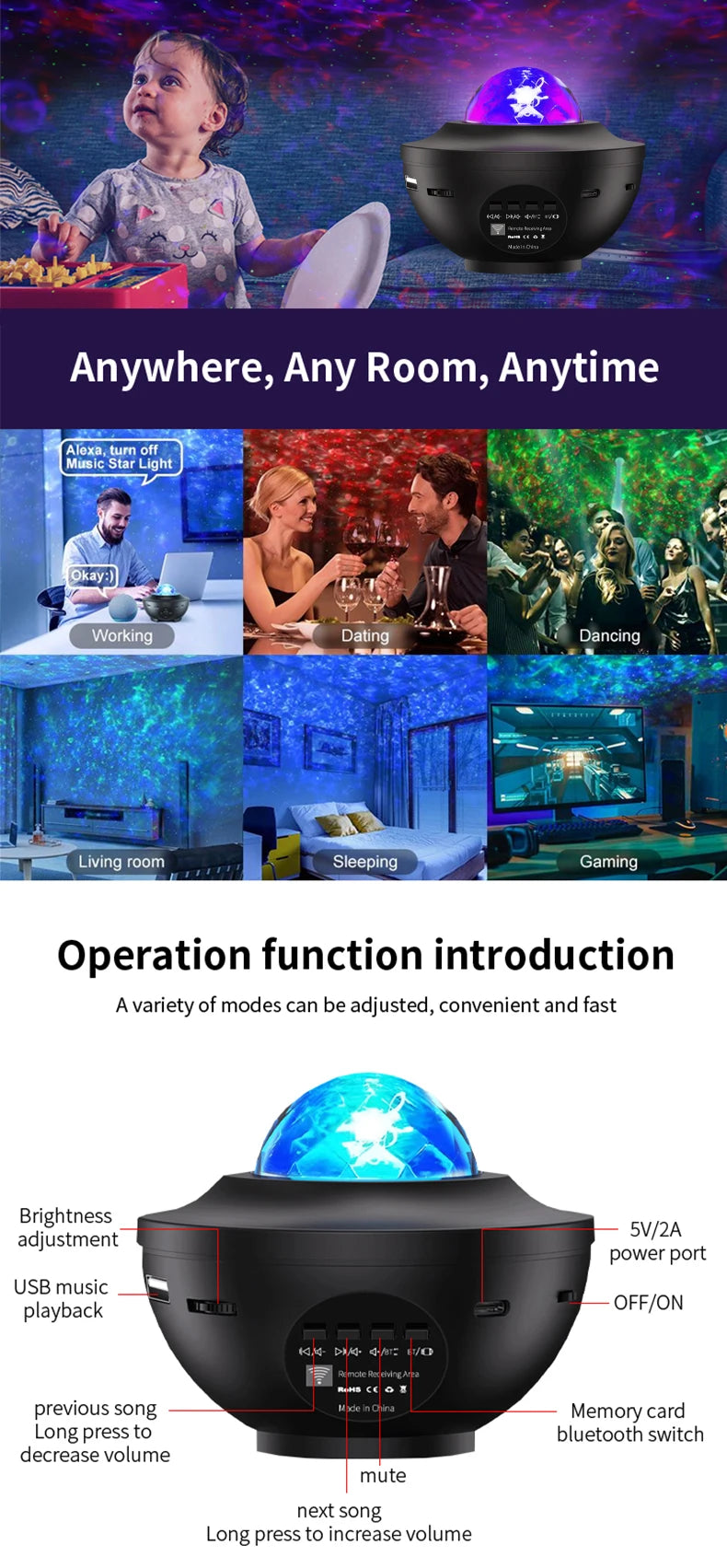 LED Starry Sky Projector Night Light Remote Control Switch USB Music Player Ocean Wave Galaxy Ambient Light Kids Birthday Gift