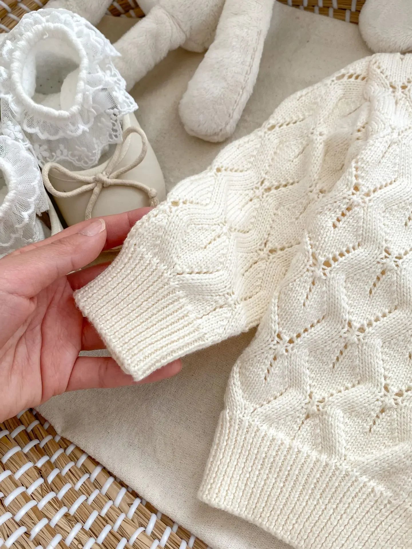 Baby Girl Knit Cardigan & Shorts Set – Hollow-Out Sweater 2-Piece Outfit - I YAN