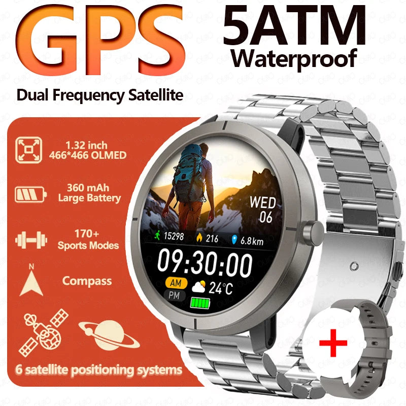 New GPS Positioning Smart Watch 1.32AMOLED 5ATM Waterproof Women Men Health Bluetooth Call 360mAh Compass 170+Sports Mode SmartWatch