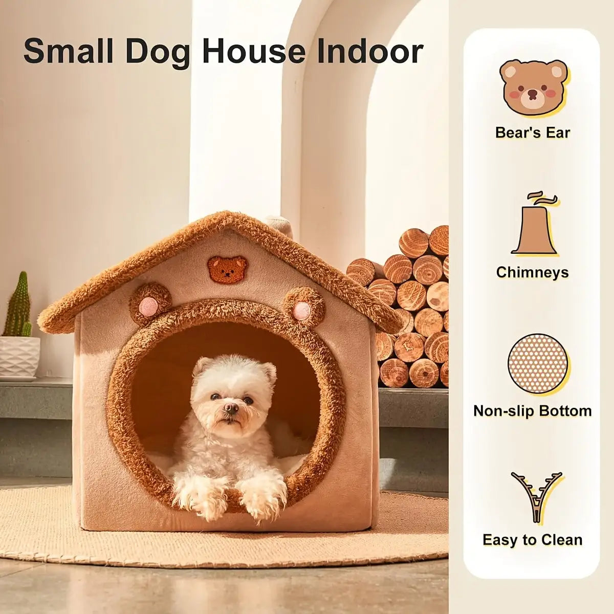 Large I YAN bear-shaped pet house bed with soft plush interior, cozy enclosed dog and cat cave tent in brown for small pets.