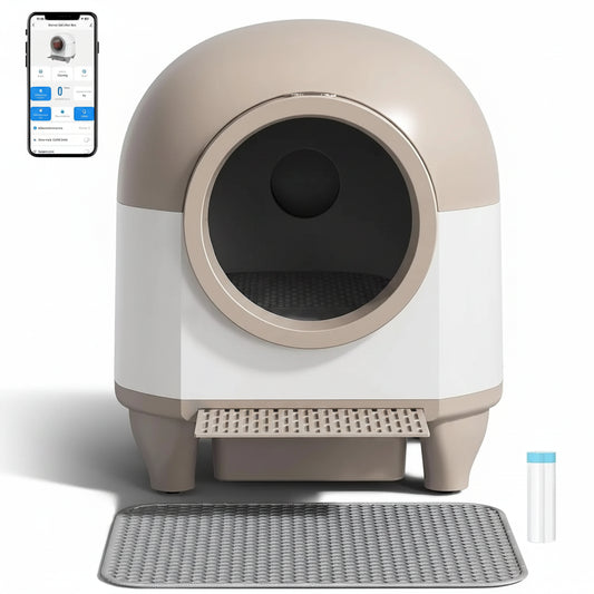 I YAN 90L self-cleaning cat litter box with app control, designed for multiple cats, featuring a sleek, modern design
