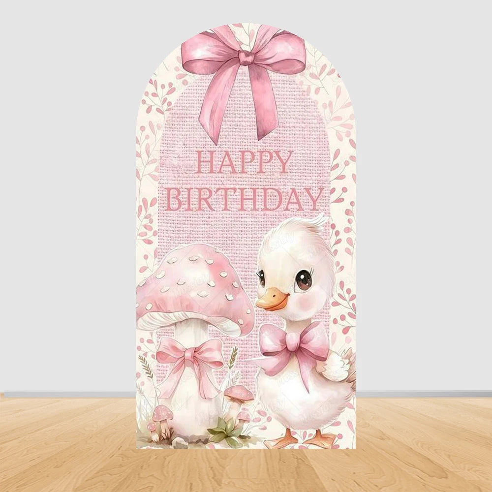 Cartoon Big White Goose Pink Bow Arch Cover Backdrop Children Baby 1st Birthday Party Baby Shower Decor Background Double-Sided