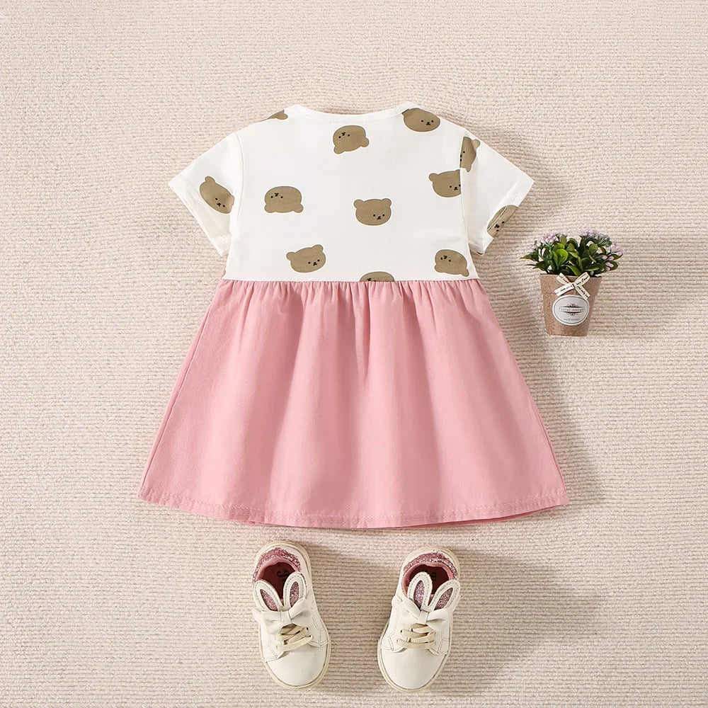 Cute I YAN summer baby girl cotton dress with teddy bear print, short sleeves, and faux two-piece strap design.